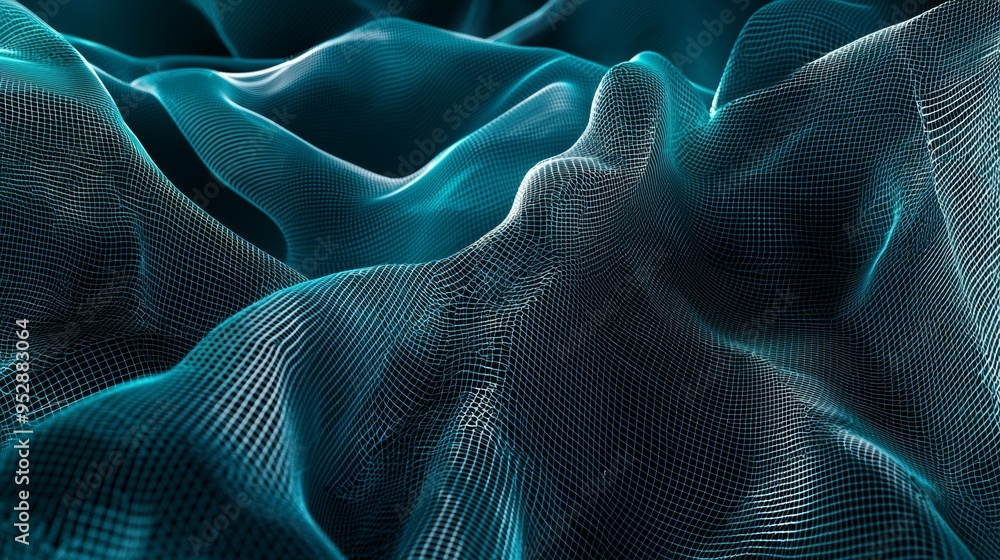 Poster abstract blue mesh fabric is flowing and moving, creating a futuristic and technological background.