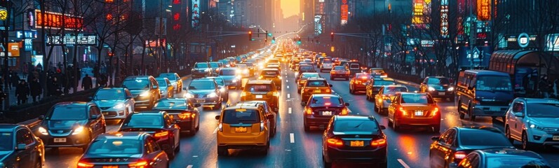 Cars and buses are driving down a busy city street at night, banner
