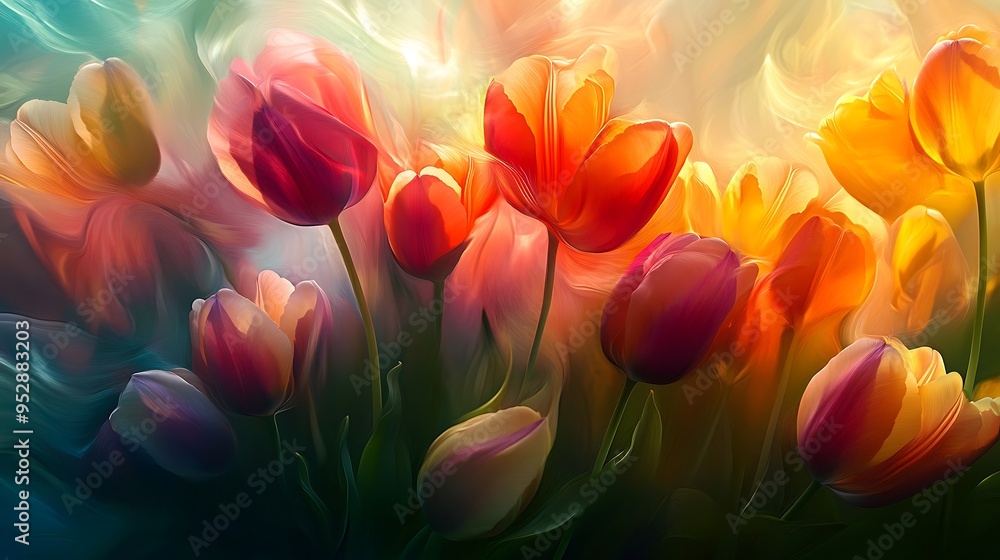 Wall mural Vibrant Tulips with Abstract Background