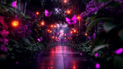 Enchanting Pathway with Glowing Purple Butterflies at Night