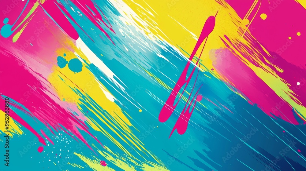 Poster dynamic composition with bold brushstrokes and splatters creating a sense of energy and movement. pe