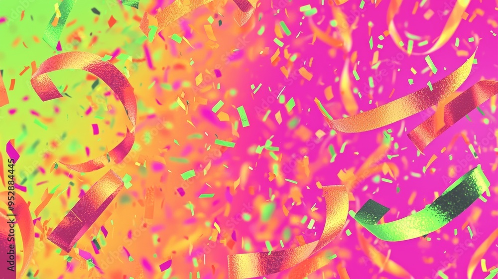 Poster Colorful confetti and streamers exploding on a gradient background, creating a festive and celebratory atmosphere for any occasion