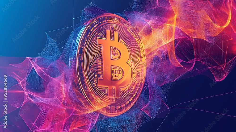 Poster golden bitcoin coin surrounded by abstract lines and waves