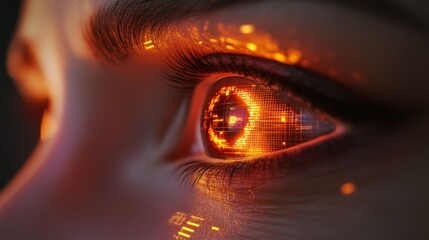 Eye close-up with smart contact lens integrating digital and biometric implants to scan the retina. Computer scan technology for identification of people based on their faces.