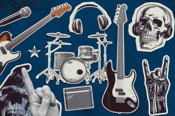 Hard rock halftone collage with skull, headphones, rock hand gesture, and open lips in neon colors - grunge music expression - retro pop art