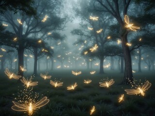 Fototapeta premium Enchanting Fireflies Illuminate a Misty Forest at Dusk Creating a Magical Atmosphere