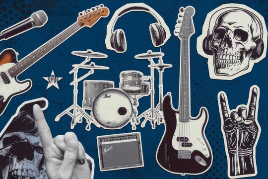 Hard rock halftone collage with skull, headphones, rock hand gesture, and open lips in neon colors - grunge music expression - retro pop art
