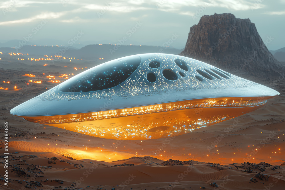 Poster a sleek, silvery object with intricate patterns, hovering over a remote, open desert with minimal li