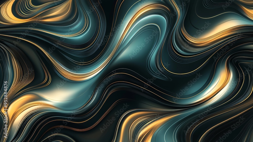 Poster abstract liquid background with metallic texture, featuring flowing golden and turquoise lines creat