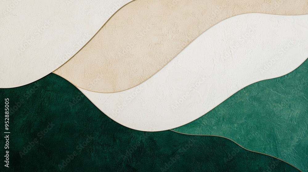 Aufkleber abstract minimal background with overlapping wavy shapes in green, beige and white, creating a moder