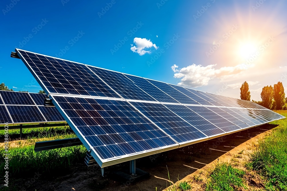 Poster clean energy and renewable power are captured in a realistic photo of a solar farm with rows of sola