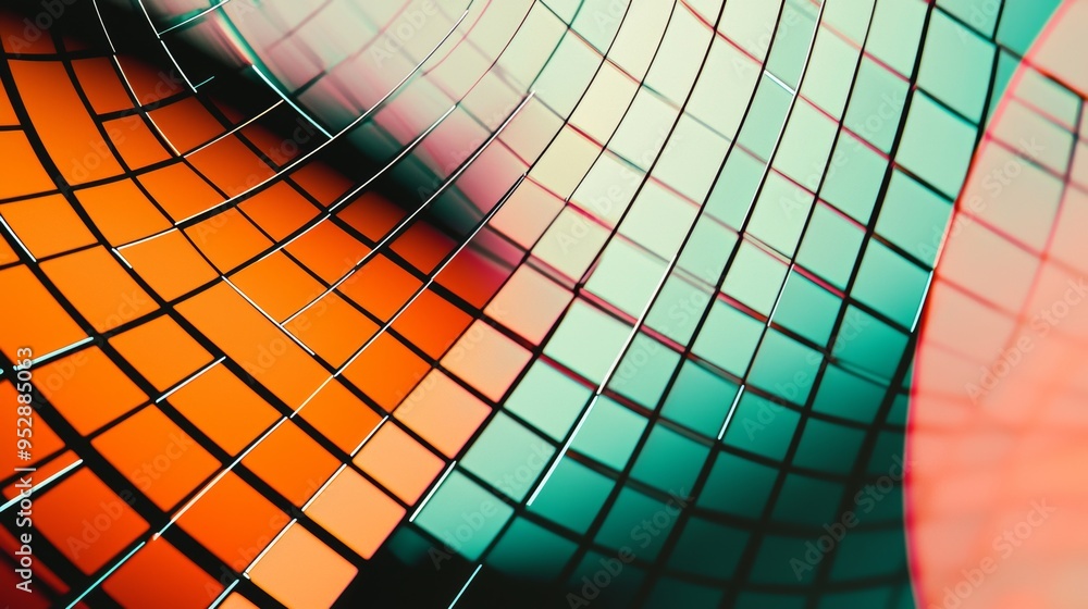 Poster abstract background with a futuristic feel, showing orange and green squares creating a curved surfa