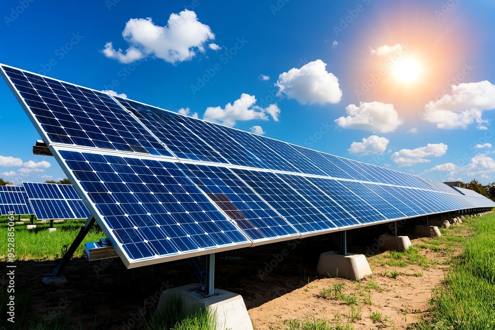 Poster clean energy and renewable power are captured in a realistic photo of a solar farm with rows of sola