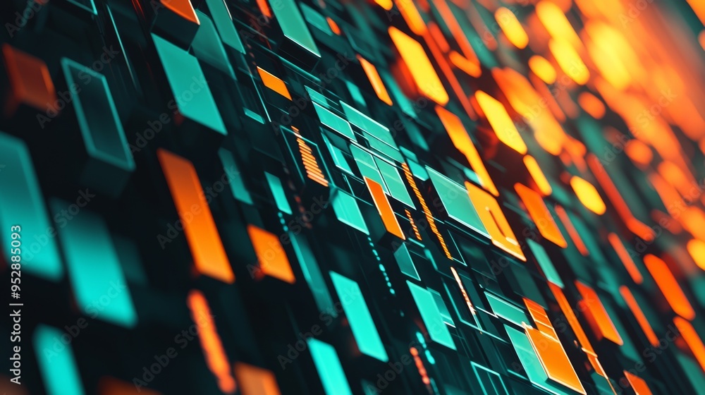 Poster abstract orange and teal glowing cubes are forming a complex technological background. the cubes are