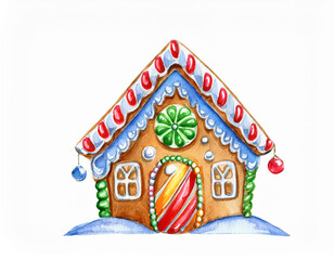 Festive Gingerbread House Colorful Christmas Decoration Isolated on White Background