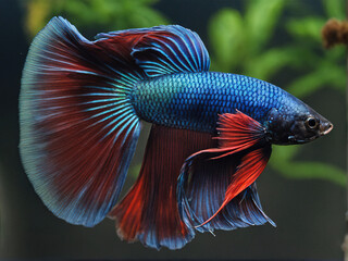 Fototapeta premium Vibrant blue and red Siamese fighting fish with flowing fins against a blurred green background.