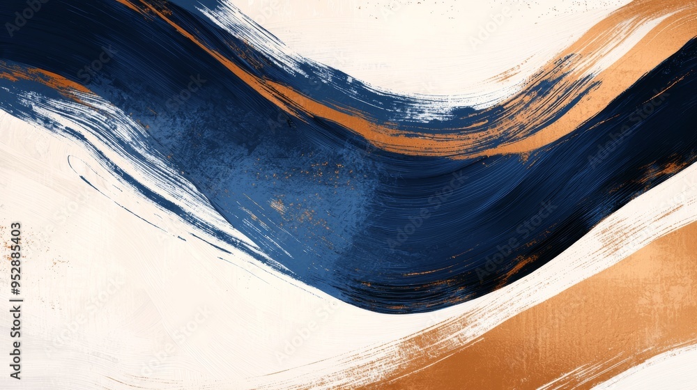 Poster abstract painting featuring navy blue and gold brushstrokes creating a wavy pattern on a white backg