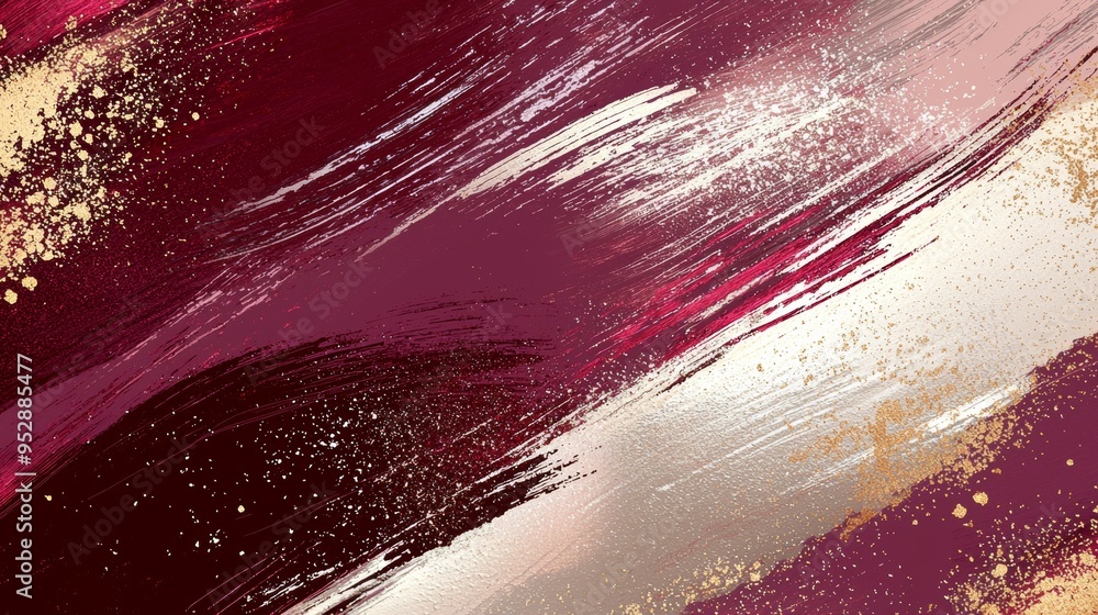 Poster gold and silver paint is splashed across this maroon background, creating an abstract and festive di