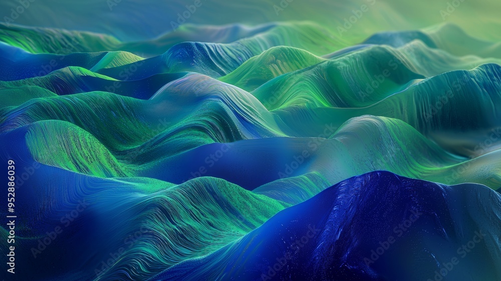 Poster abstract 3d rendered background image of blue and green flowing waves, simulating a digital landscap