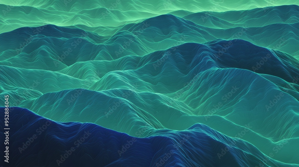 Poster abstract 3d topographic landscape is rendered in green and blue hues. the elevation data is visualiz