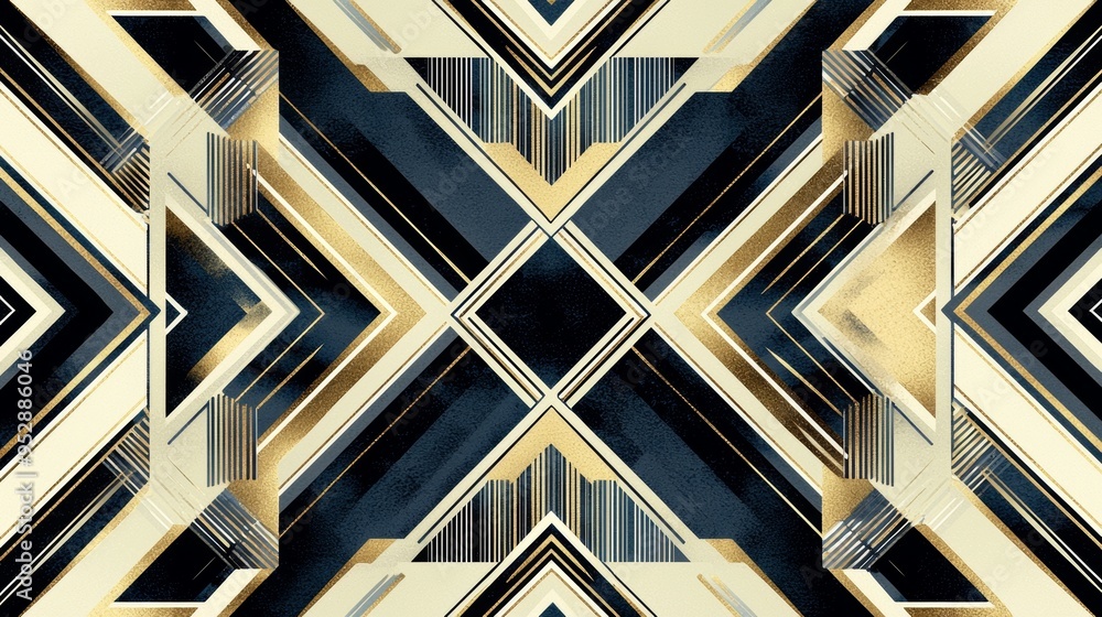 Poster geometric pattern using gold and navy blue watercolor shapes, creating a luxurious and modern design