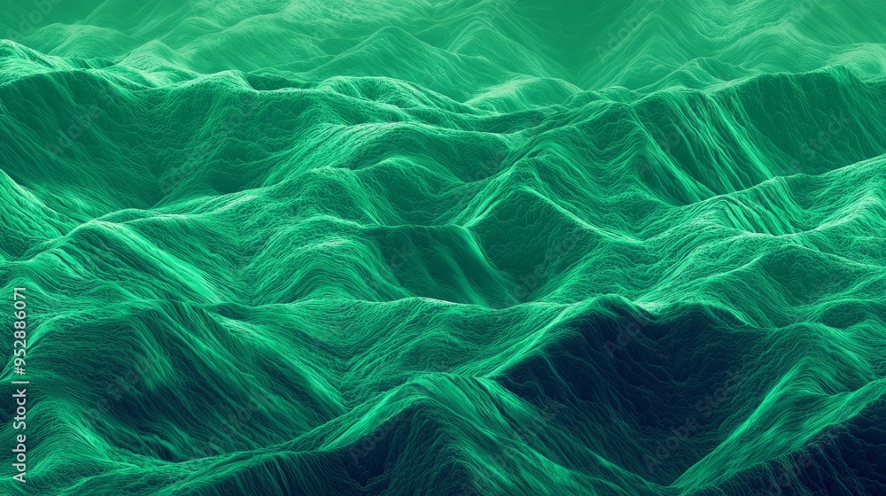 Poster abstract green 3d topographic waveform terrain background texture. the undulating surface resembles 