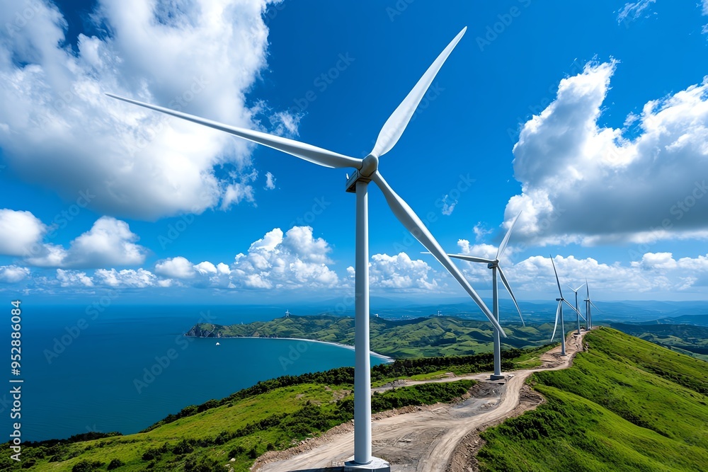 Aufkleber Clean energy development and expansion are captured in a realistic photo of a large-scale wind farm in the process of being built