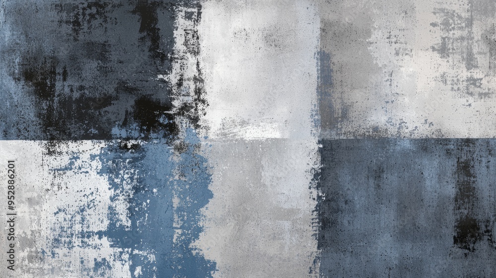 Poster abstract background featuring a checkered pattern of blue, gray, and white paint strokes, creating a