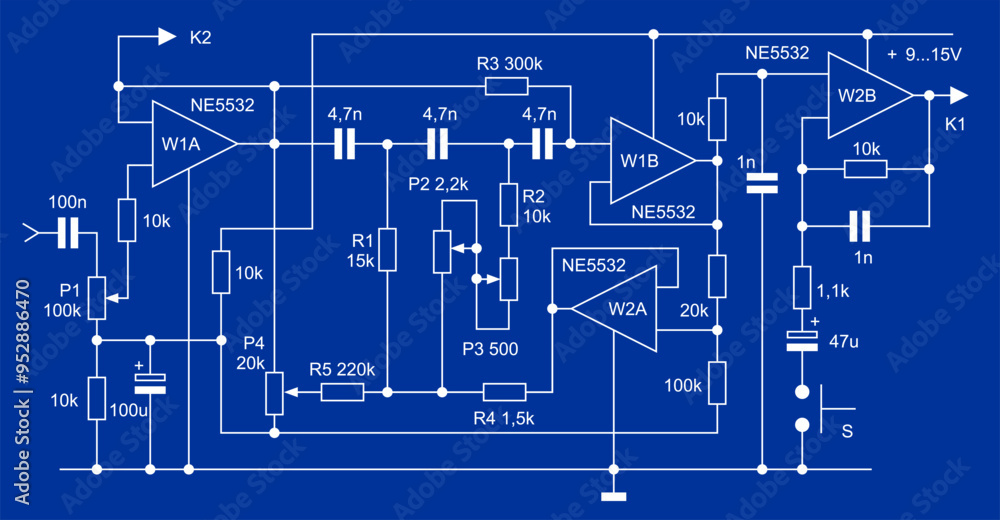 Poster technical schematic diagram of analog electronic device. vector drawing electrical circuit with oper