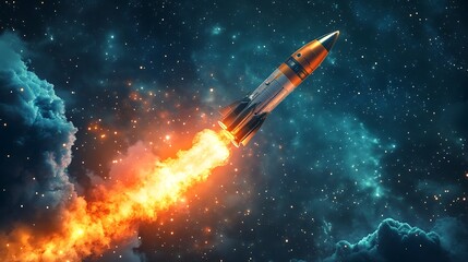 Rocket Launch Through Starry Sky With Fire Trail