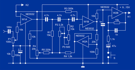 Technical schematic diagram of analog electronic device.  Vector drawing electrical circuit with operational amplifier,
capacitor, resistor, key, other components.