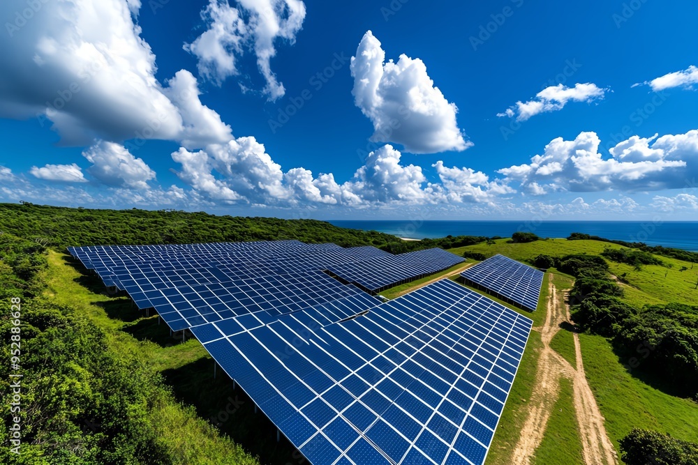 Poster clean energy development projects are captured in a realistic photo of a solar farm in the early sta