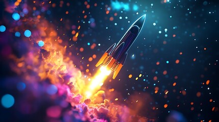 Rocket Launch Through Colorful Nebula
