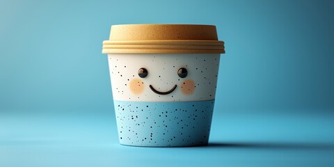 A coffee cup with a smiley face on a blue background embodies the concept of a happy morning
