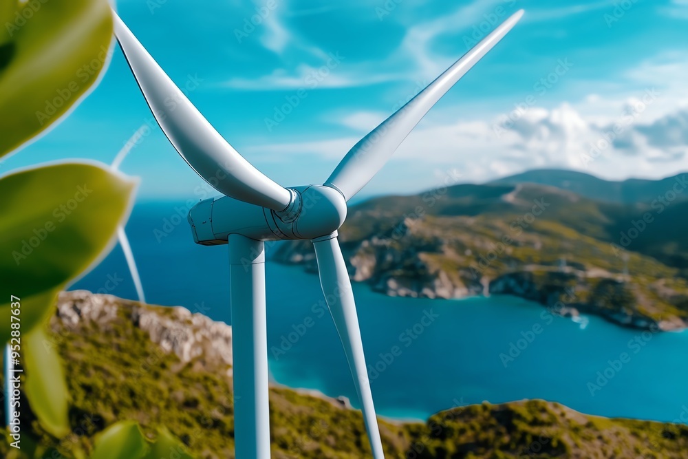 Poster clean energy engineering and innovation are showcased in a realistic photo of wind turbines on a coa
