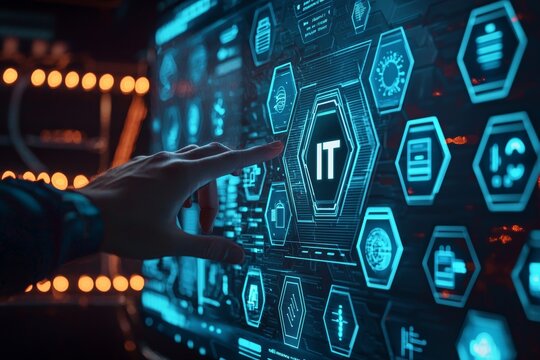 A hand points to a digital interface with "IT" highlighted in blue, surrounded by glowing hexagonal icons, representing information technology and modern computing