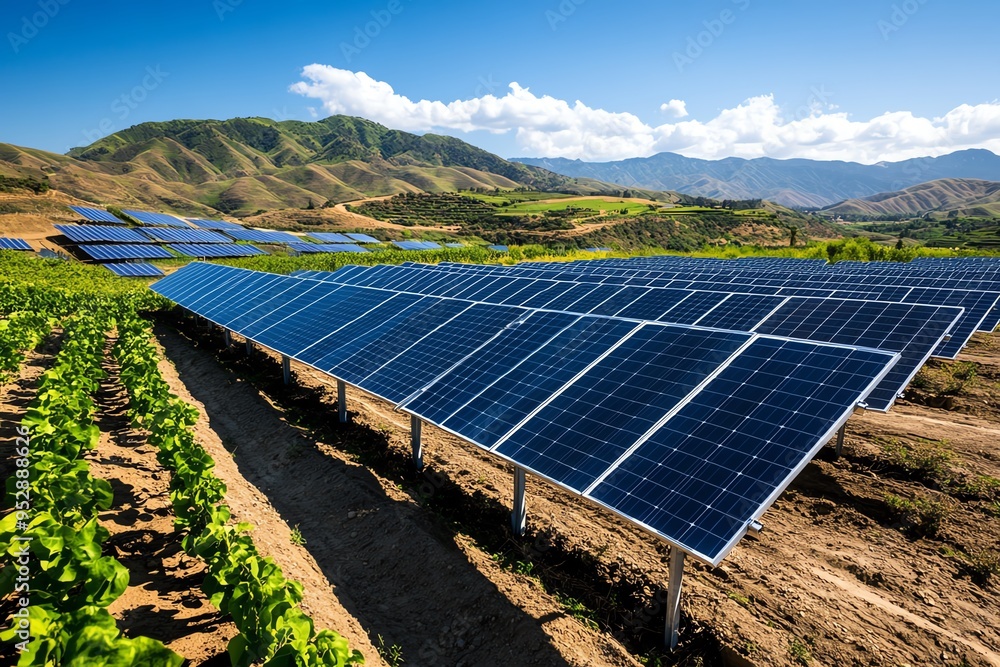 Aufkleber clean energy engineering is showcased in a realistic photo of a solar farm with rows of solar panels