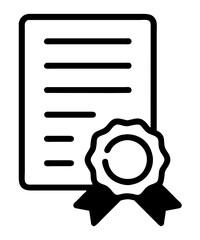 black outline illustration of a certificate with prize ribbon isolated on white, resembling prize, graduating, succeeding, winning, finishing course