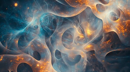 Abstract swirling patterns of blue and orange light on a black background