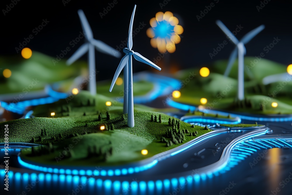 Fototapete Clean energy facility blueprint is highlighted in a minimalist design showing the detailed layout and structure of a wind farm