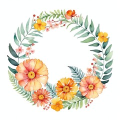 Watercolor floral wreath with delicate flowers and leaves, perfect for wedding invitations, greeting cards or social media.