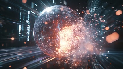 A Shattered Crystal Sphere with Glowing Sparks