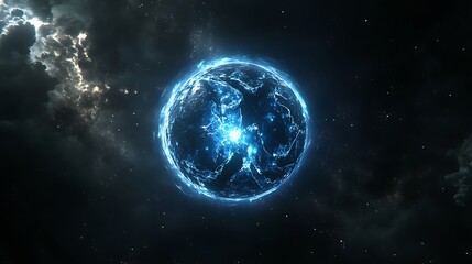 Obraz premium Glowing Blue Planet in a Dark Space Background
