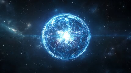 Obraz premium A Glowing Blue Sphere with a Network of Lines Against a Starry Sky