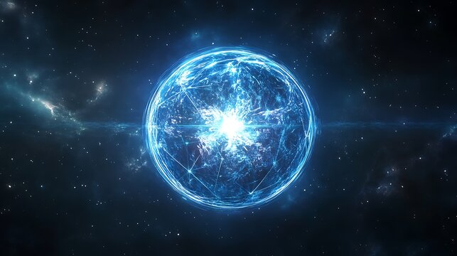 A Glowing Blue Sphere with a Network of Lines Against a Starry Sky