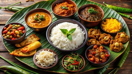 Traditional Sri Lankan rice and curry dish with a variety of curries, sambol, and pickles , Sri Lankan, cuisine, rice, curry