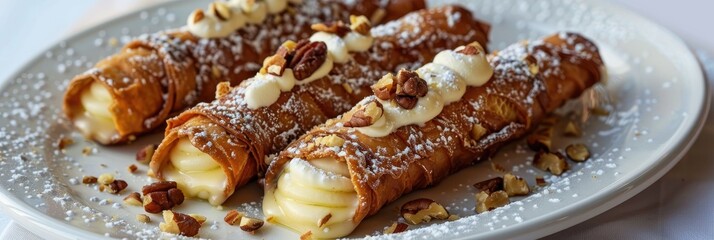 Cannoli filled with cream and topped with nuts on a white ceramic plate