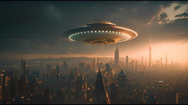An alien saucer hovering over the city. UFO, alien invasion, unidentified flying object, visitors from space. The concept of space travel and extraterrestrial life.
