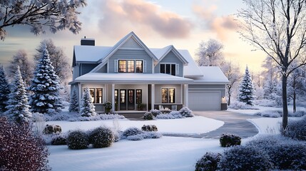 A Snowy Suburban Home with a Porch and a Winding Driveway
