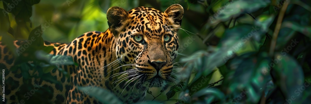 Poster intriguing leopard displaying distinct patterns in a vibrant green forest during summer.